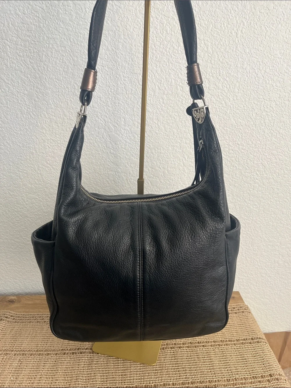 Brighton Caitlyn Black Pebbled Leather Hobo Shoulder Bag Tooled Silver